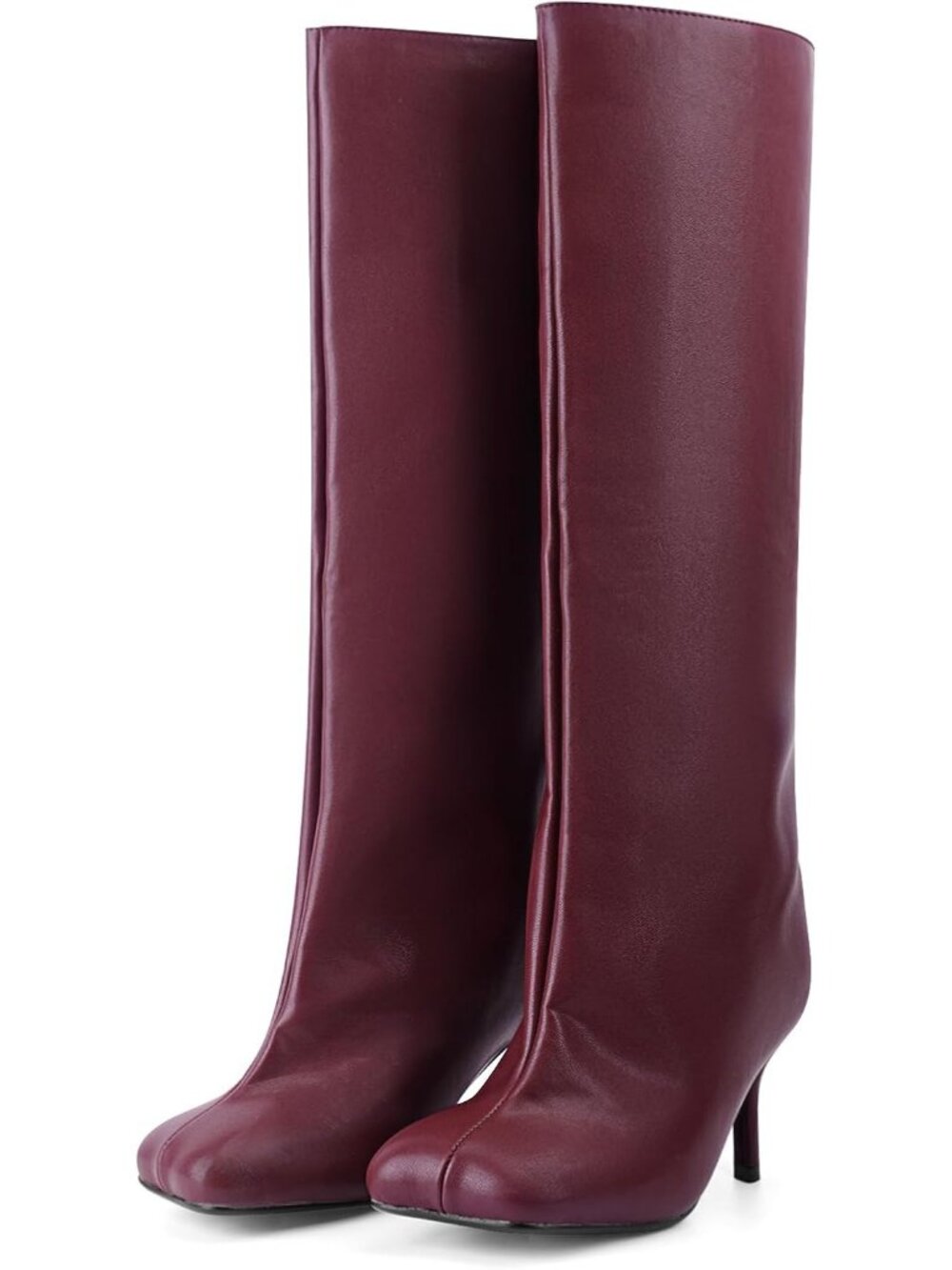 Women All Burgundy Wide Calf Square Toe Stiletto Heels Tall Knee High Suede Boot